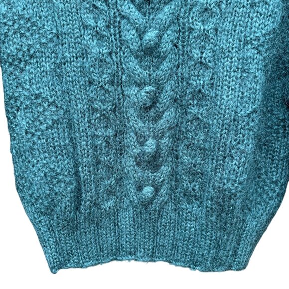Lizwear Vintage 80s 90s Hand-Knitted Teal Wool Blend Cable‎ Knit Crop Sweater SP - Picture 7 of 11